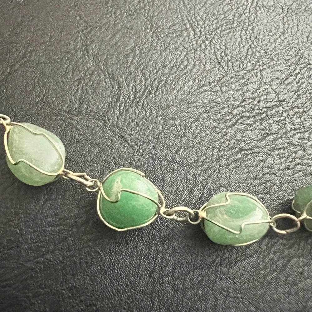 Vintage Green Aventurine Wire Wrapped Stone Necklace 26 Inch Boho 70s